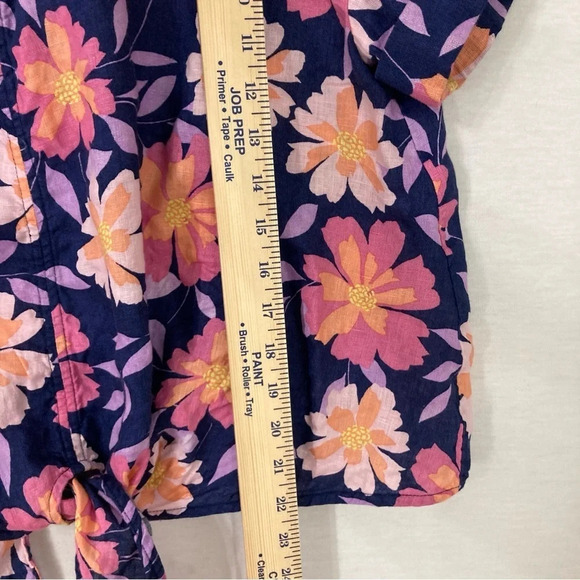 Charter Club Navy Pink Floral 100% Linen Tie Front Short Sleeve Button Down XL - Picture 5 of 10